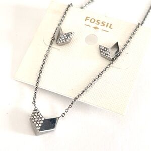 Fossil Earrings & Necklace Set Silver Arrows with Multiple Crystals Vintage